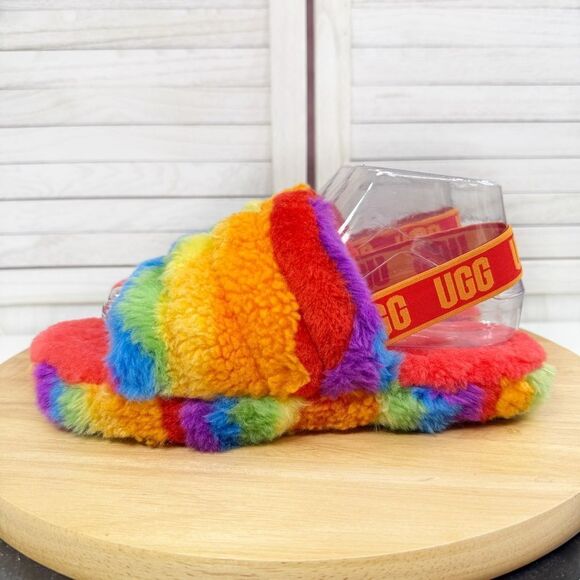 Ugg Fluff Yeah Faux Fur Rainbow Cali Collage Slide Sandals 6 Big Kid 8 Women - Picture 1 of 9